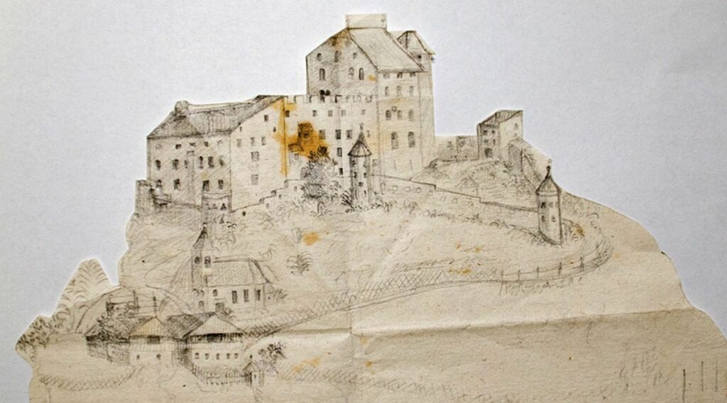 Zeichnung der Burg Heinfels mit der Pfarrkirche Sillian