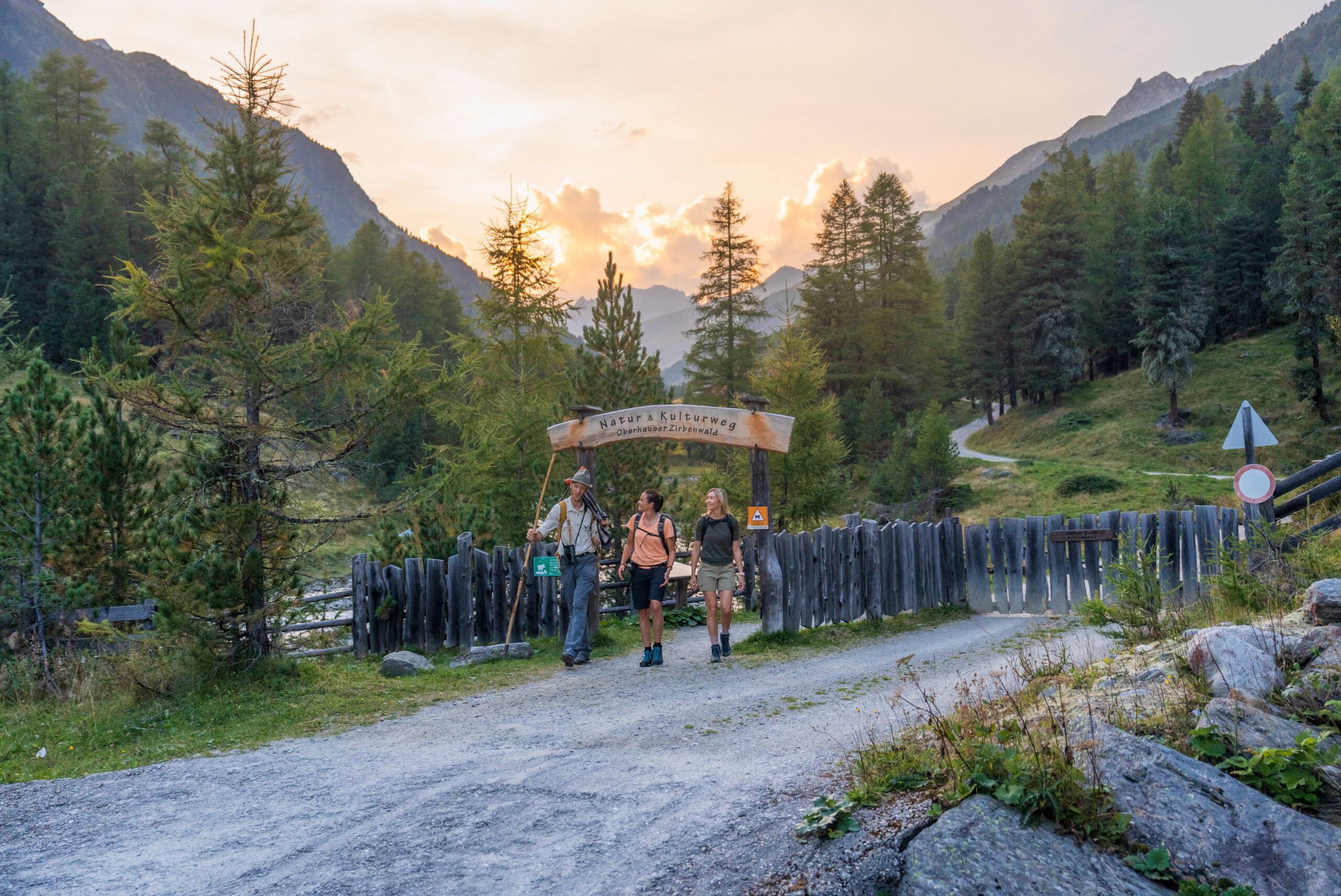 Drei Personen wandern im Oberhauser Zirbenwald