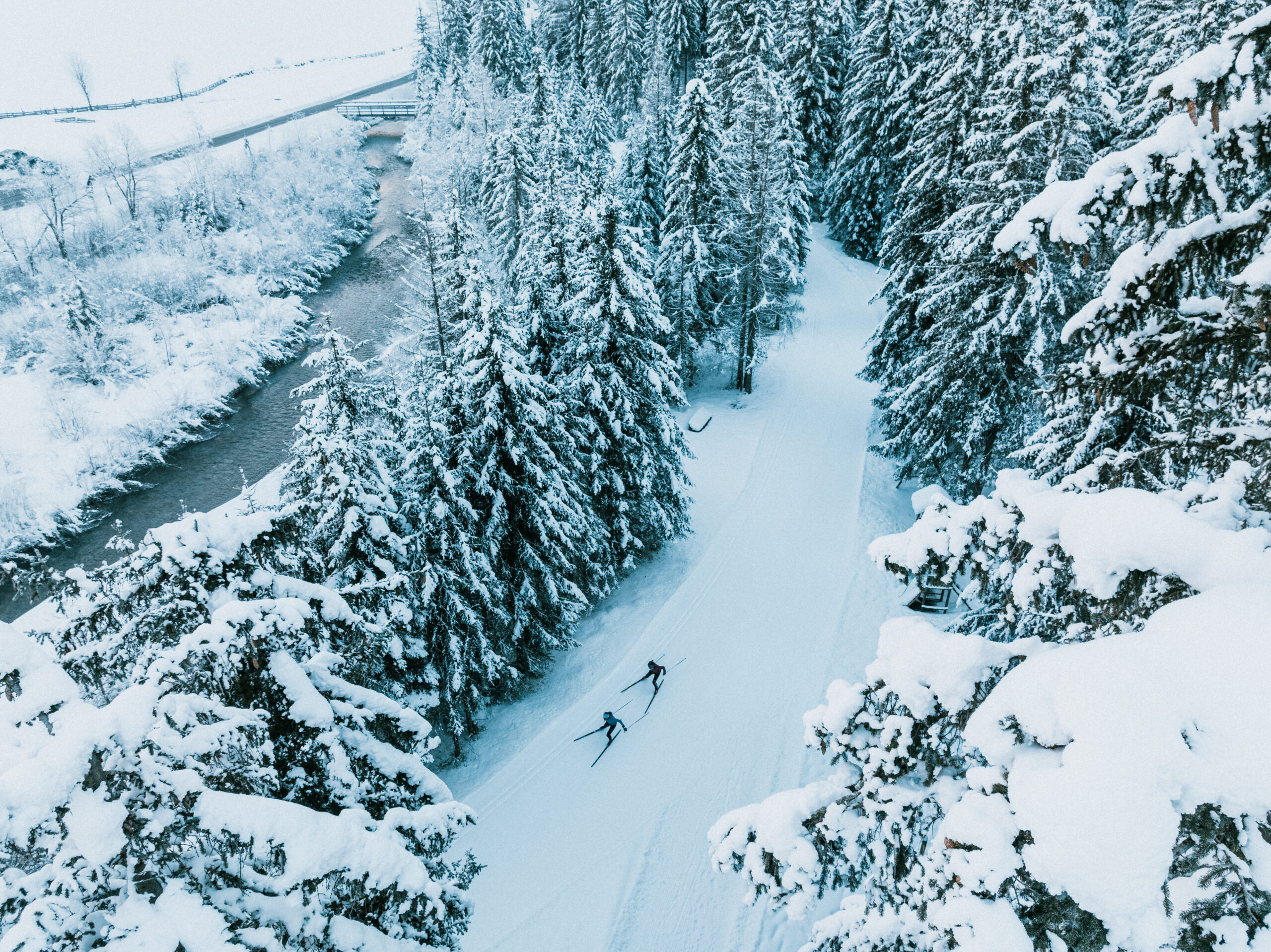 Zwei Personen beim Langlaufen auf einer verschneiten Loipe durch einen Winterwald in Innervillgraten in Osttirol